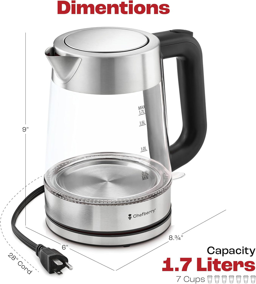 glass electric kettle BPA-free with stainless steel base, 1.7 liters capacity, and clear design, ideal for boiling water.