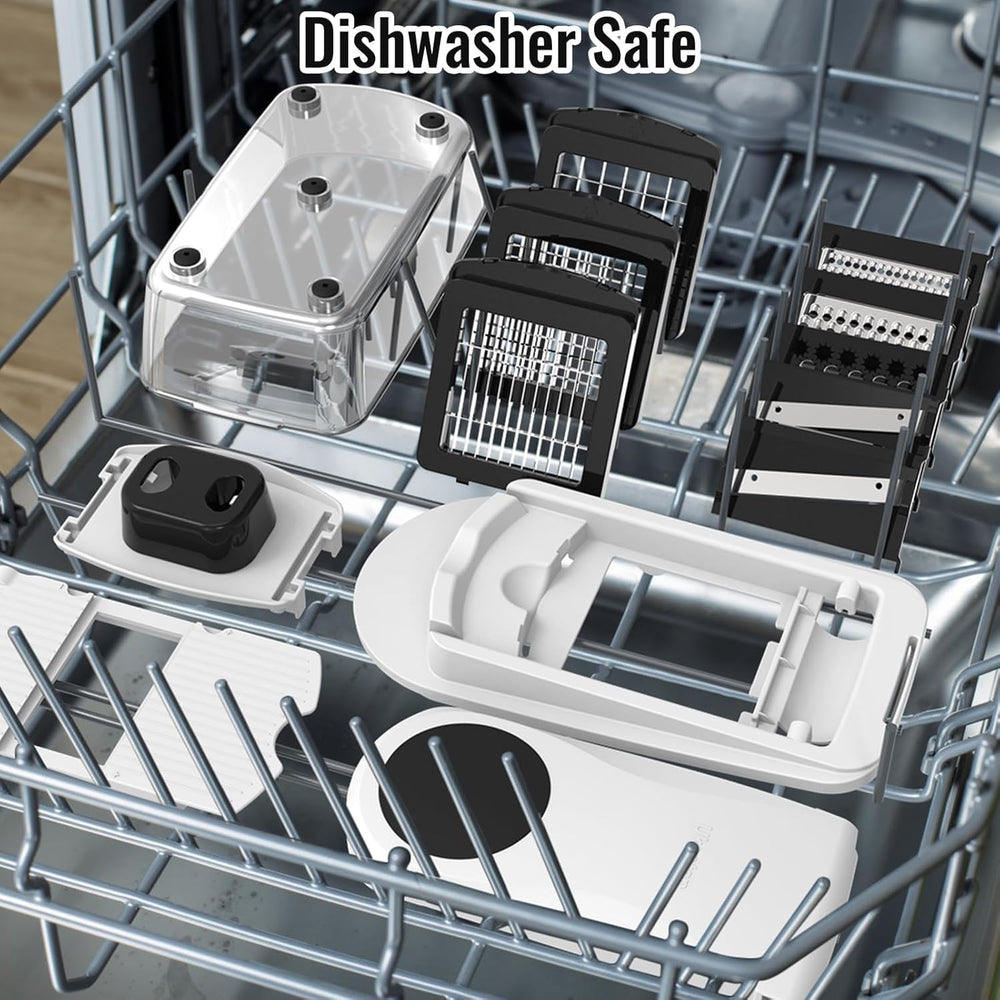 8-in-1 vegetable chopper accessories in dishwasher, showcasing easy cleaning and maintenance.