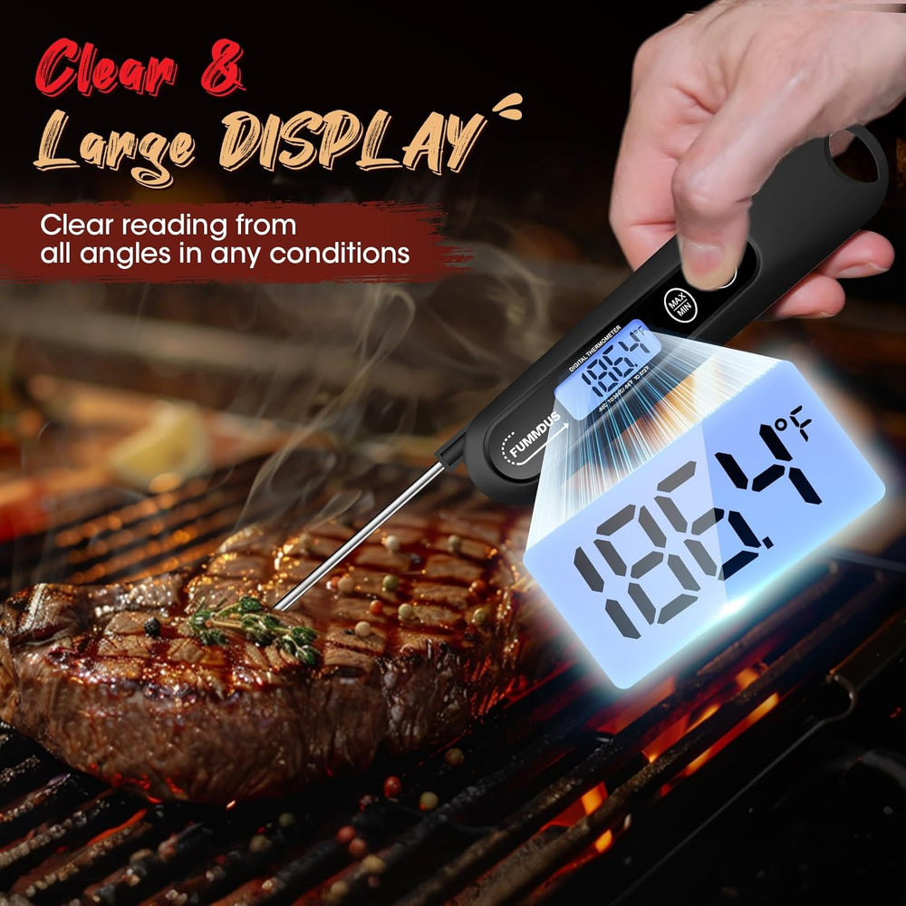 instant read meat thermometer for grilling measuring meat temperature on a grill with a large display showing 185.4°F