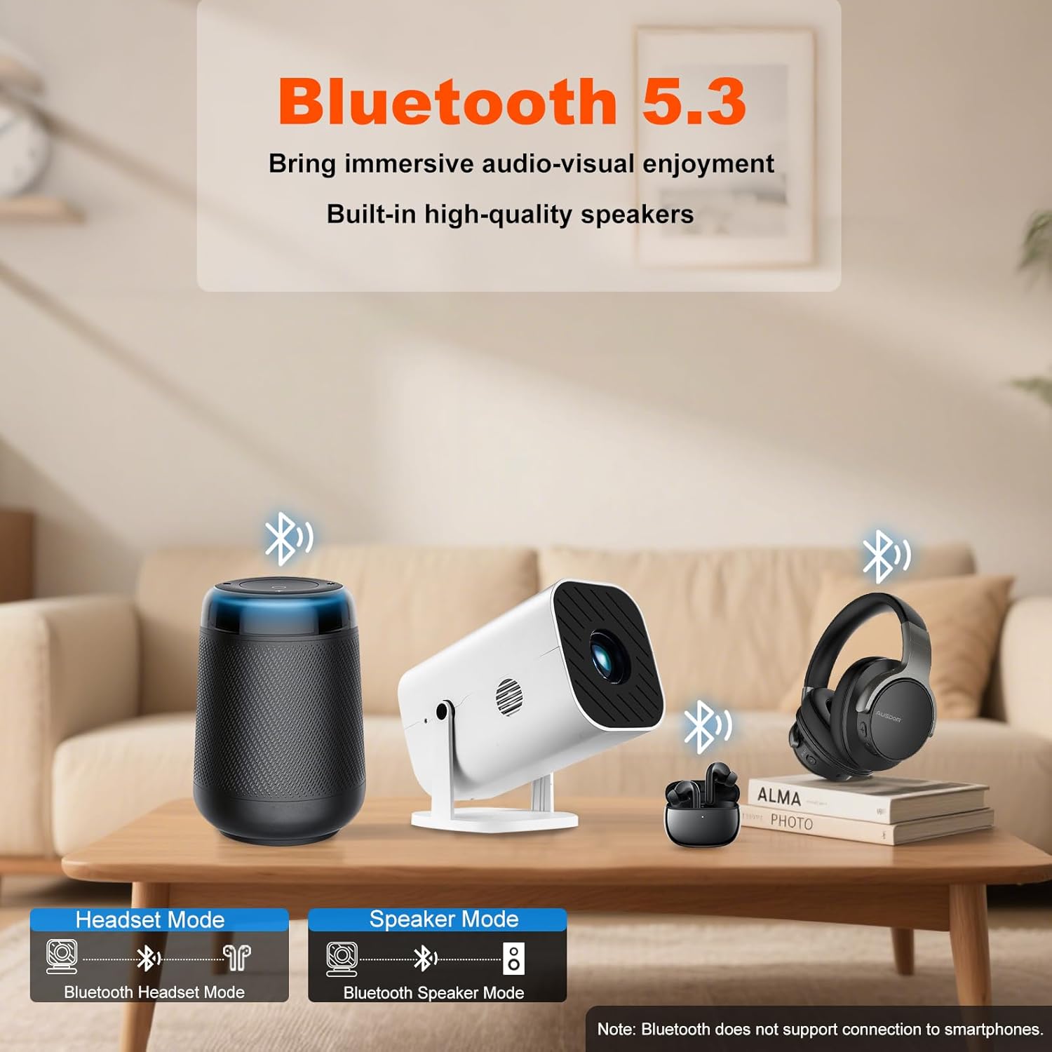 smart 1080P projector with built-in apps showcasing Bluetooth 5.3 and high-quality speakers in a cozy living room