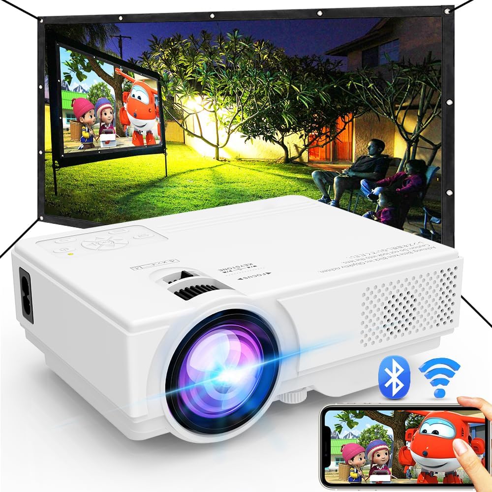 portable projector with wifi and bluetooth displayed outdoors with a screen and people watching