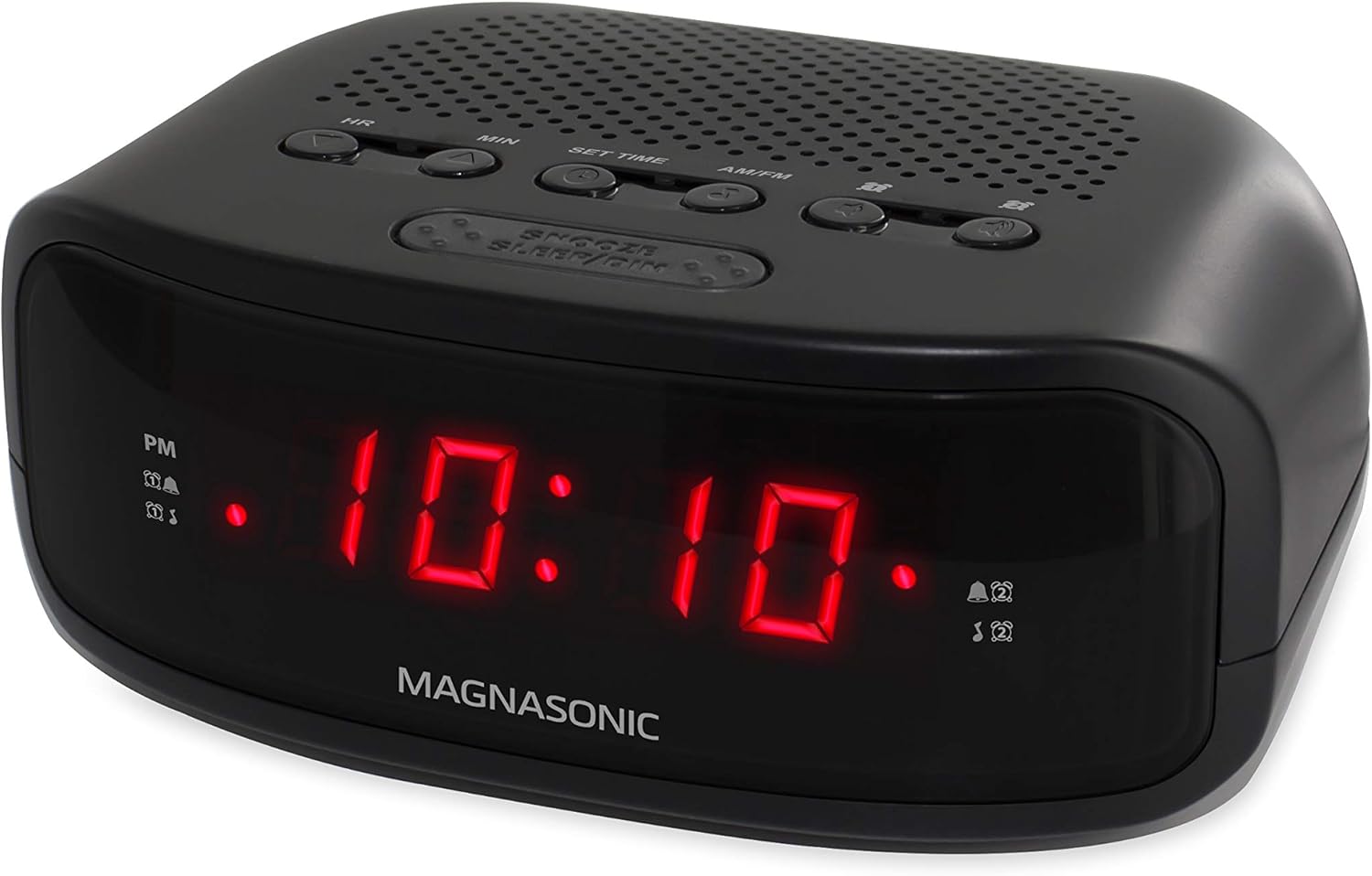 digital clock radio with dual alarms featuring dual alarms and sleep functions, showing time on display.