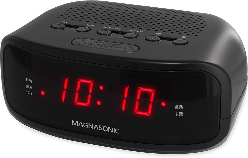 digital clock radio with dual alarms featuring dual alarms and sleep functions, showing time on display.