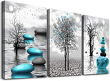 modern abstract canvas wall art featuring blue stones and trees in a serene landscape.
