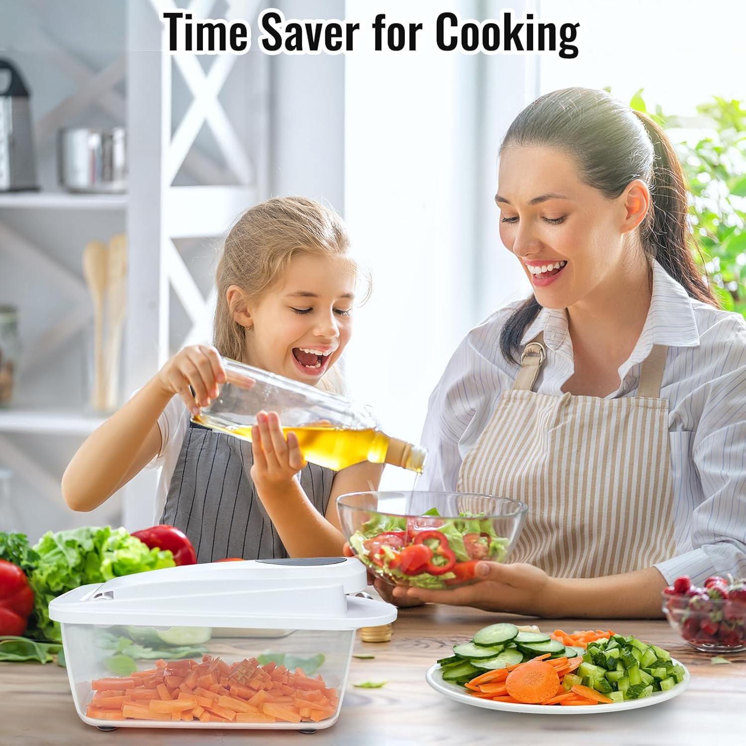 8-in-1 vegetable chopper being used by a mother and daughter for quick salad preparation in the kitchen.