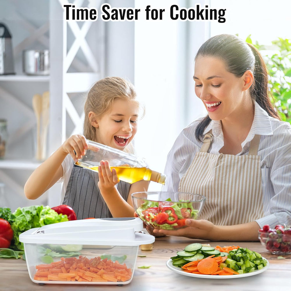 8-in-1 vegetable chopper being used by a mother and daughter for quick salad preparation in the kitchen.