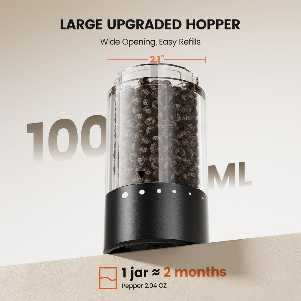Electric salt and pepper grinder set with large upgraded hopper for easy refills and wide opening.