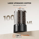 Electric salt and pepper grinder set with large upgraded hopper for easy refills and wide opening.