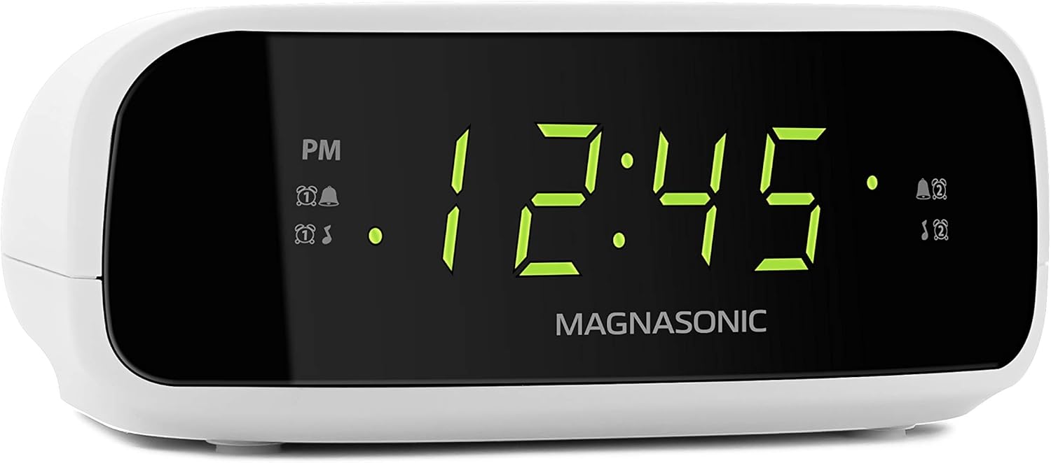 digital clock radio with dual alarms showing time 12:45 and featuring a sleek, modern design.