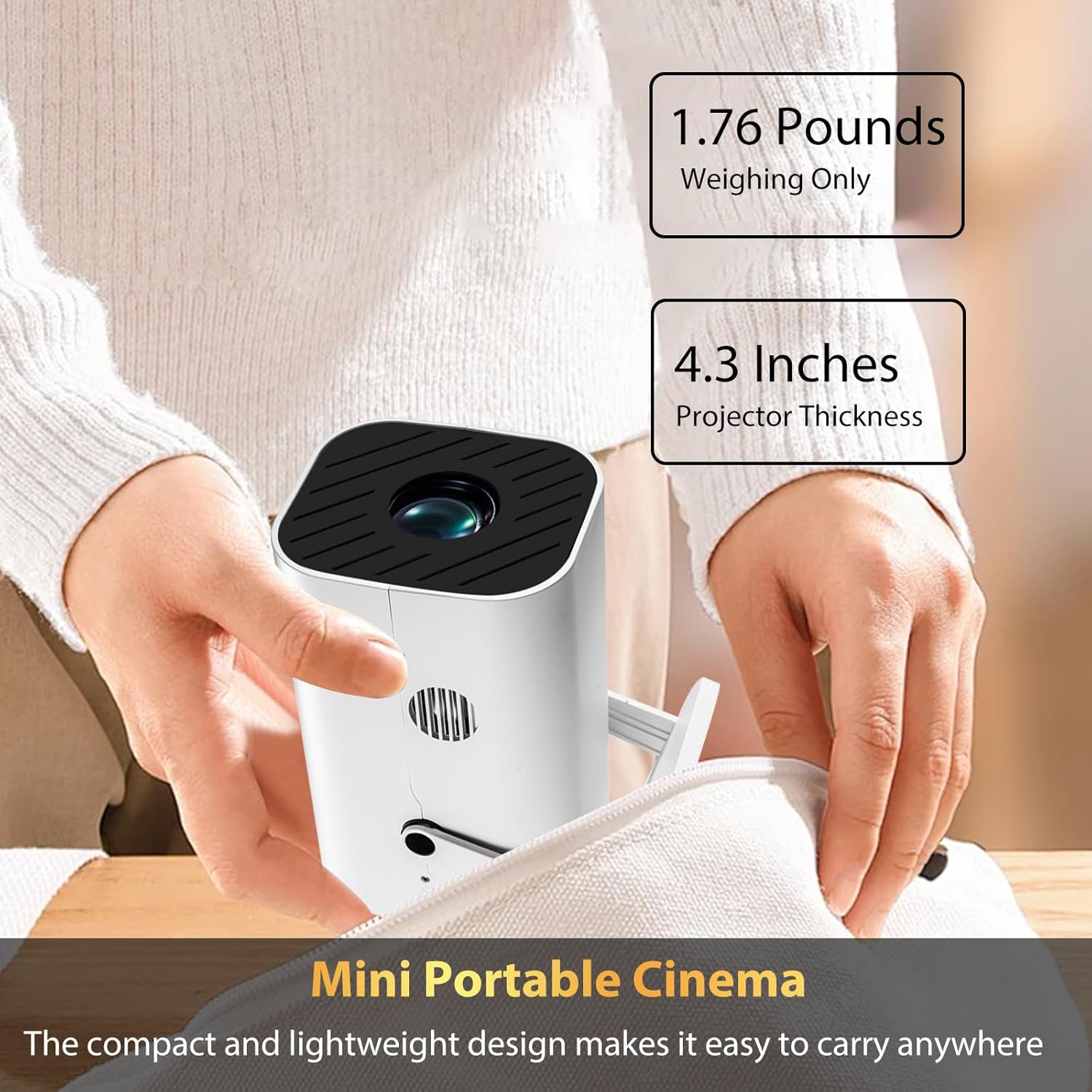 Smart 1080P projector with built-in apps, lightweight and portable design for easy carrying.