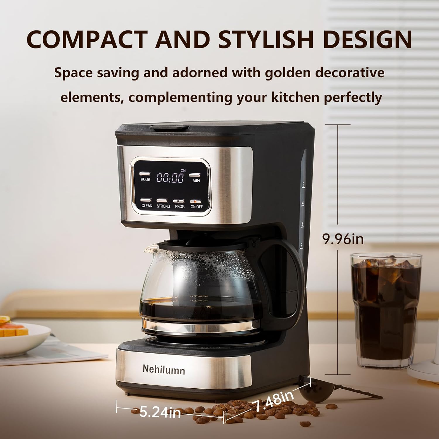 programmable coffee maker with reusable filter in stylish design, featuring a compact size and golden accents.