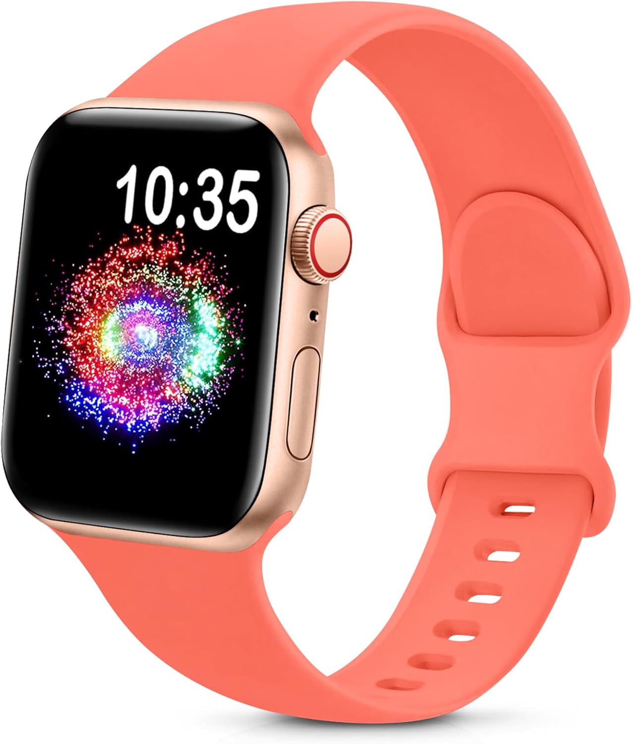 durable sport band for Apple Watch in coral color with a colorful display.