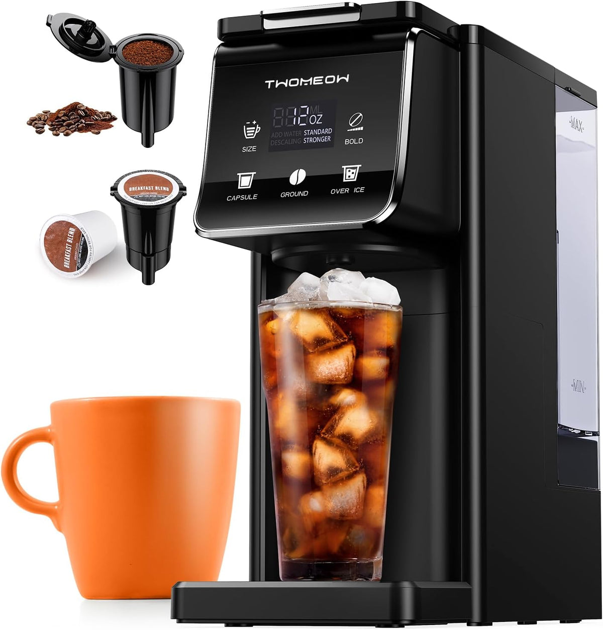 2-in-1 single serve coffee maker brewing iced coffee with accessories and orange cup