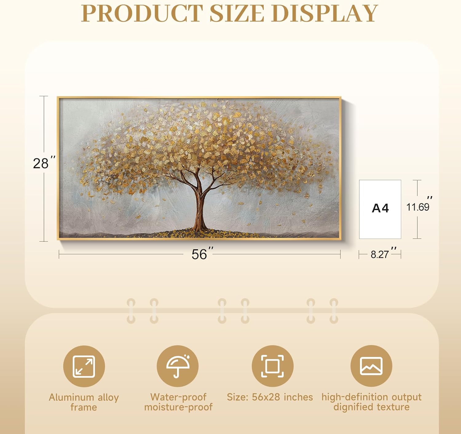 Large gold tree of life wall art size display 56x28 inches with aluminum alloy frame.