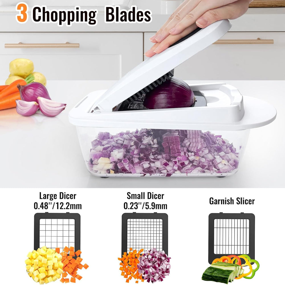 8-in-1 vegetable chopper showcasing 3 chopping blades for efficient slicing, dicing, and grating vegetables.
