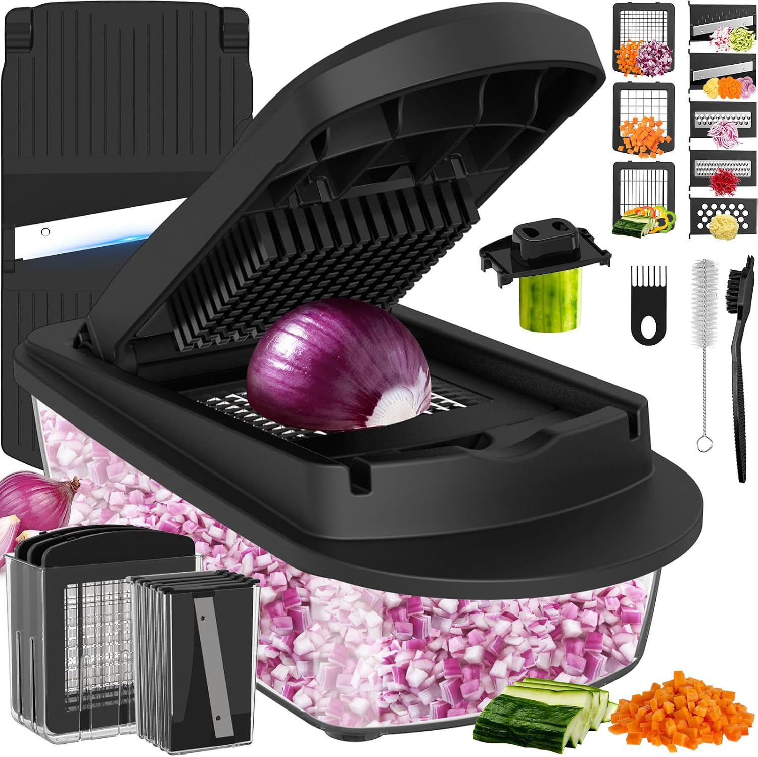 8-in-1 vegetable chopper with onion and various slicing accessories for quick meal preparation.