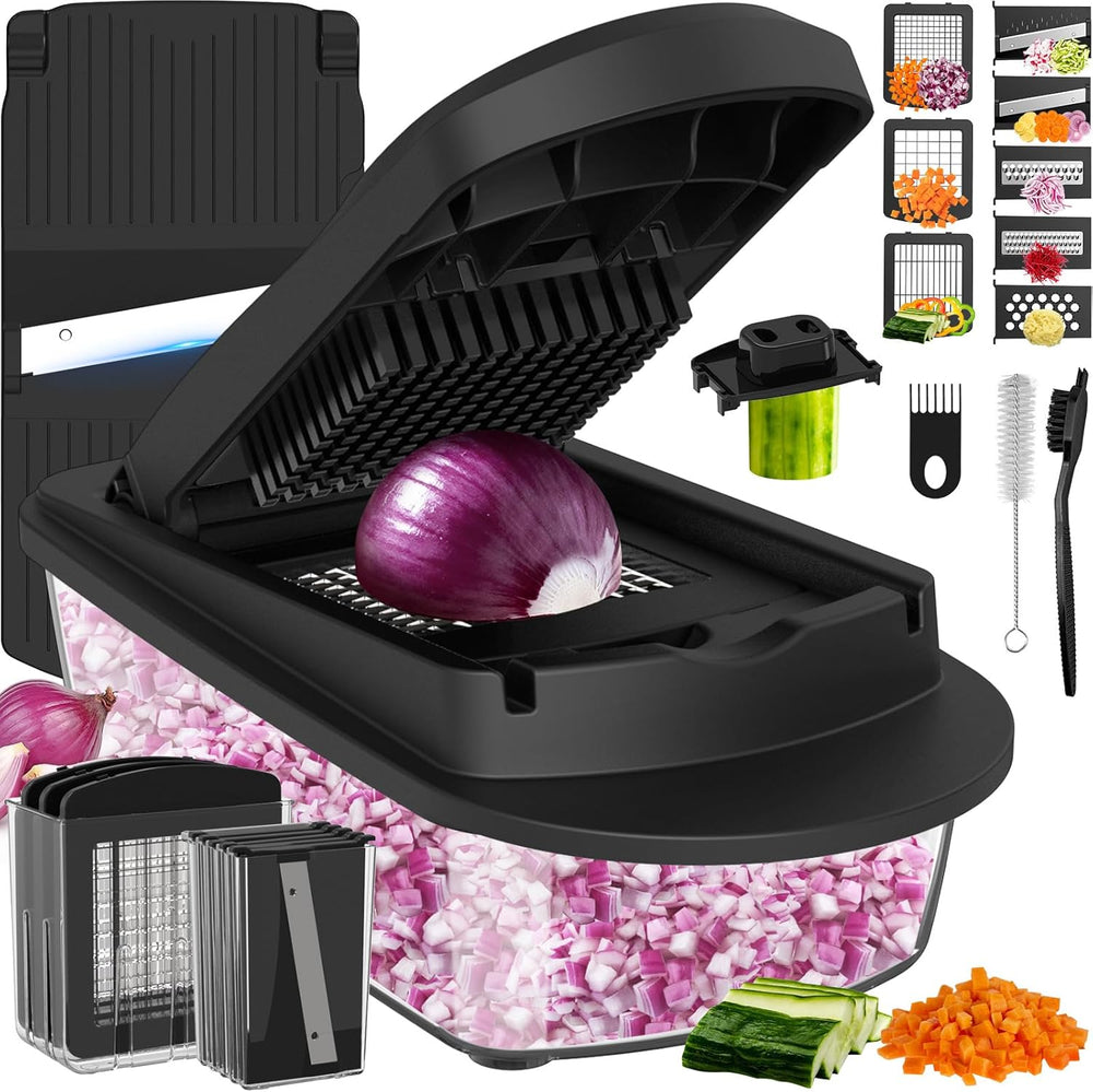 8-in-1 vegetable chopper with onion and various slicing accessories for quick meal preparation.