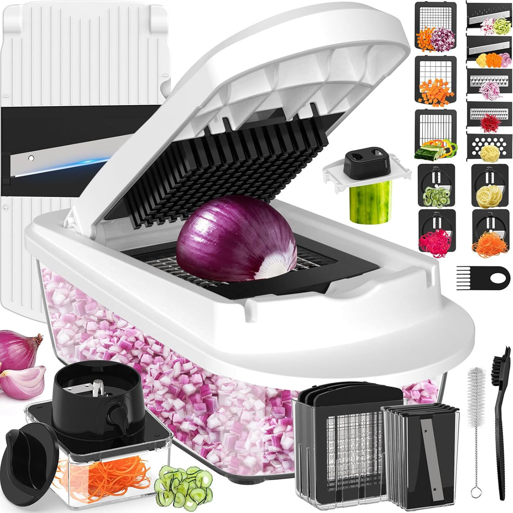 8-in-1 vegetable chopper showcasing features like a mandoline slicer, dicer, and various vegetable cutting tools.