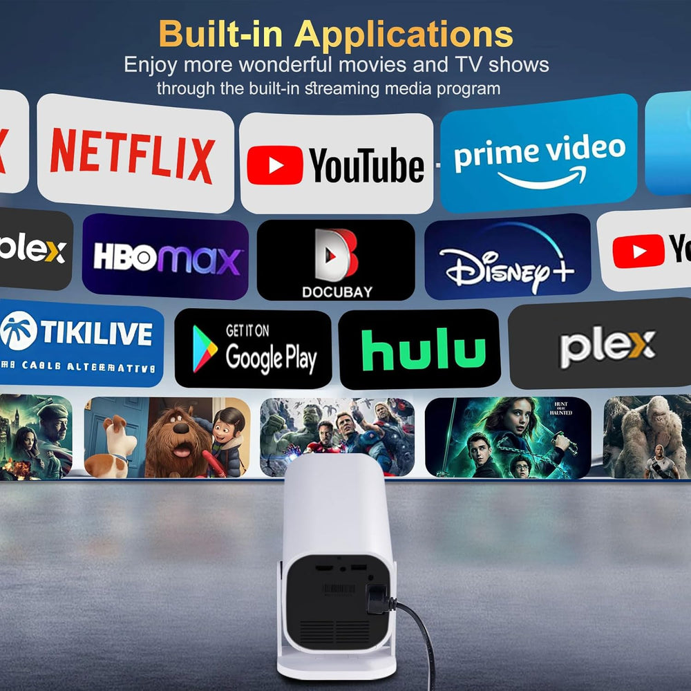 smart 1080P projector with built-in apps showcasing streaming services like Netflix, YouTube, and Hulu.