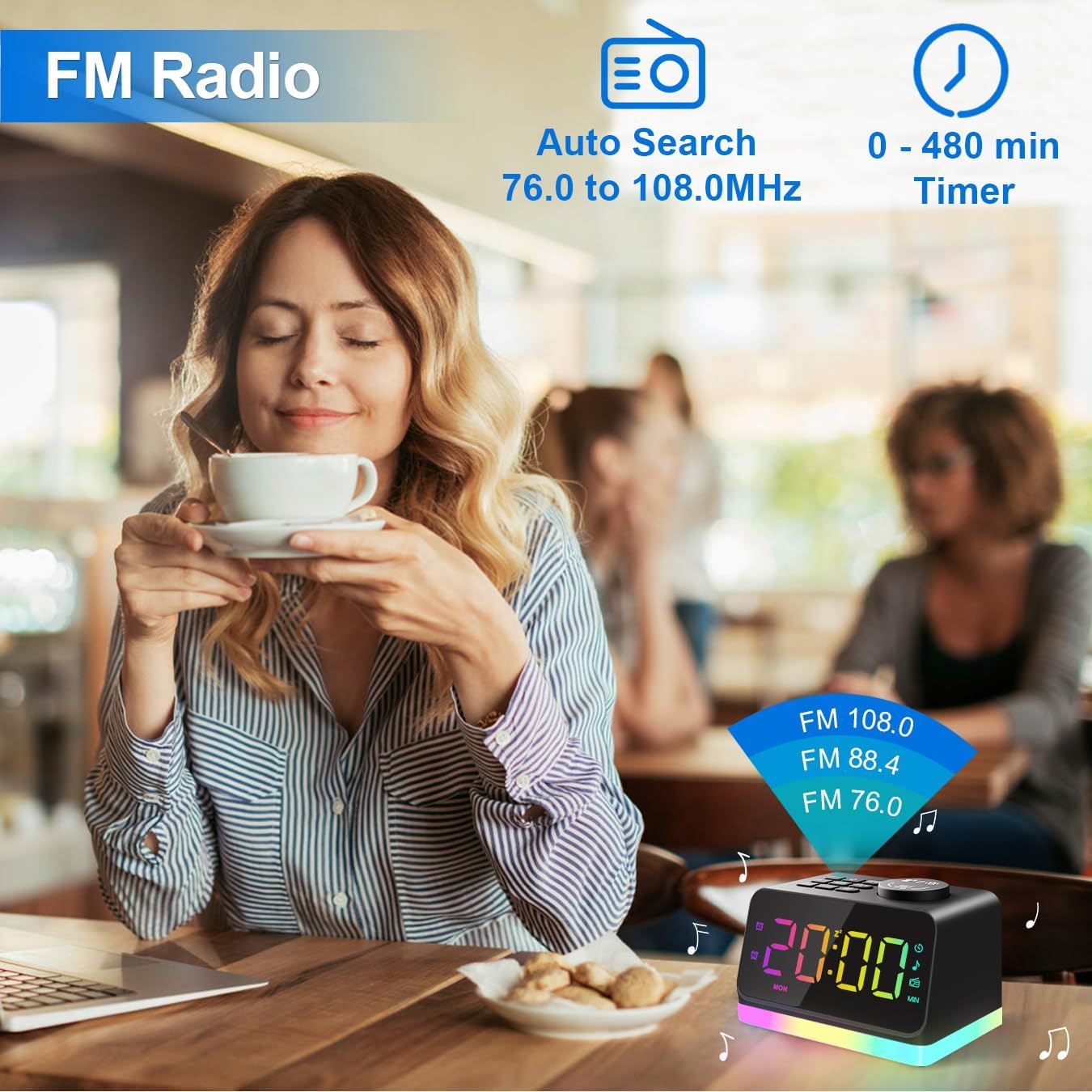 digital alarm clock for seniors and kids with FM radio feature and timer functionality displayed in a café setting.