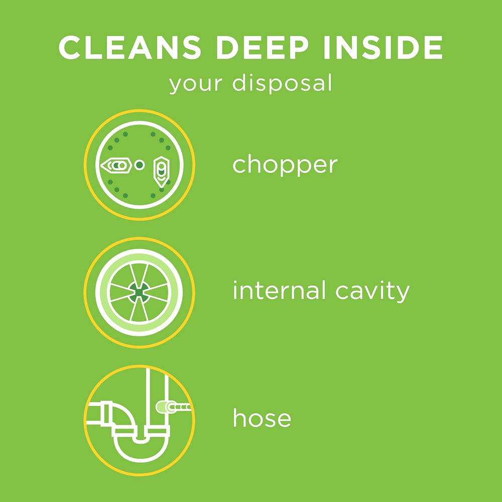 Illustration showing how garbage disposal cleaner tablets clean deep inside your disposal: chopper, internal cavity, hose.