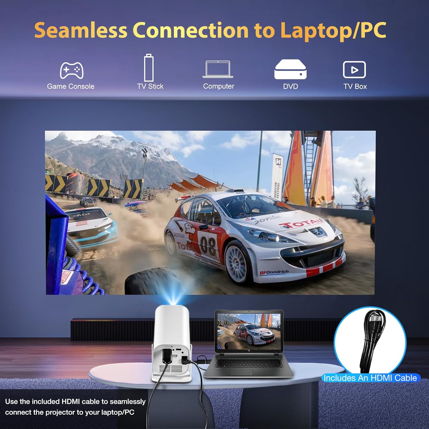 smart 1080P projector with built-in apps showcasing seamless connection to laptop/PC for gaming and viewing.