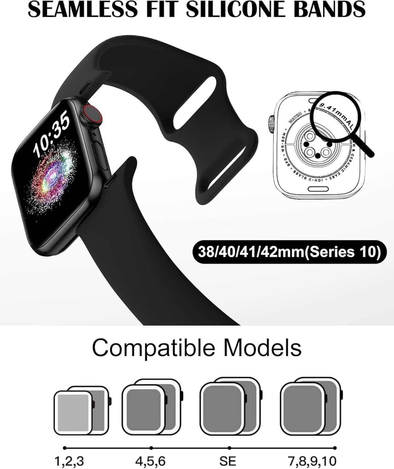 durable sport band for Apple Watch in black silicone with seamless fit for various models.