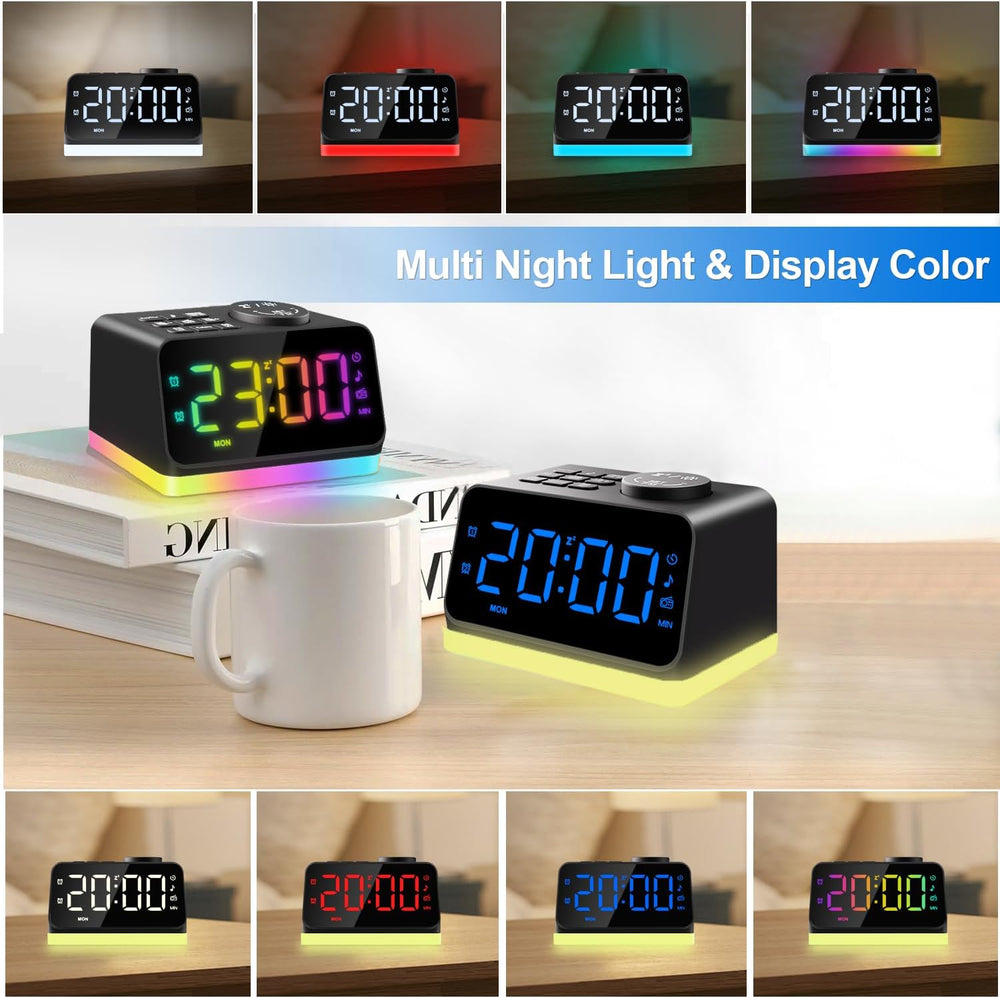 digital alarm clock for seniors and kids with multi night light and colorful display.