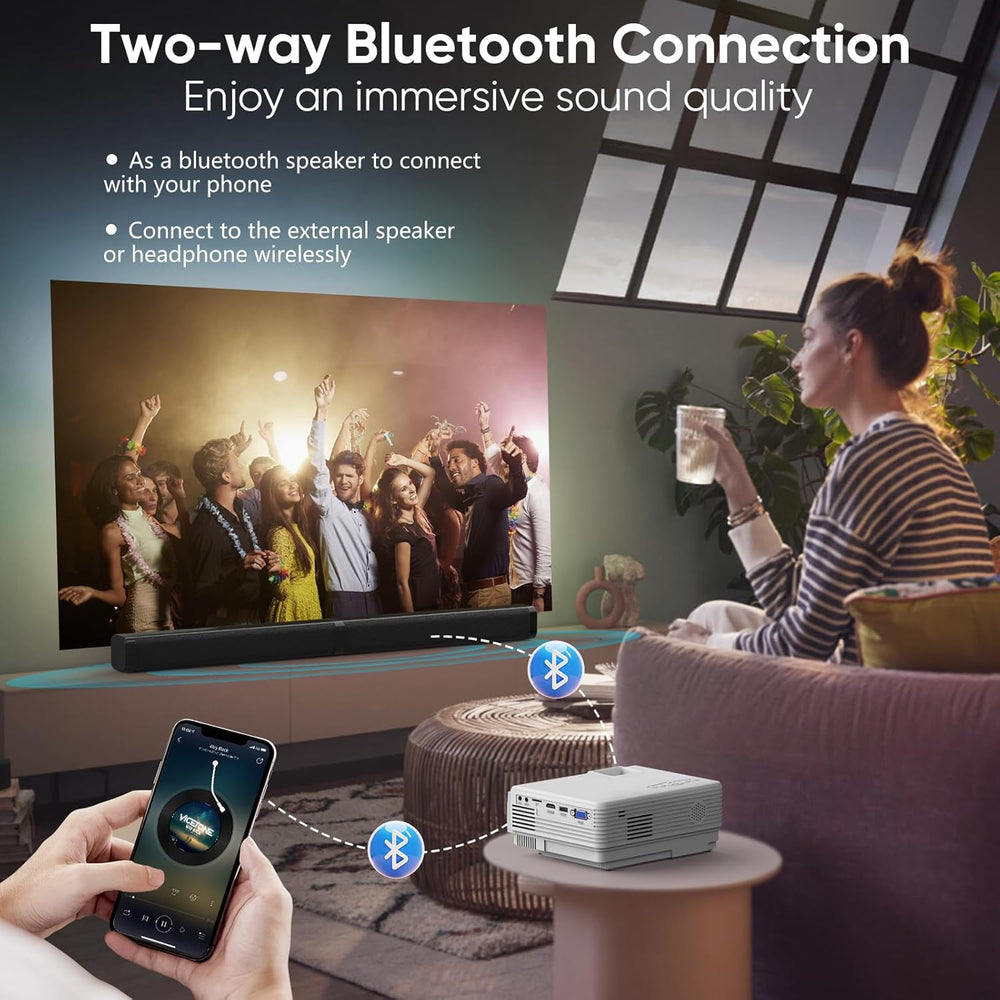 Portable projector with wifi and bluetooth displaying a party scene, showcasing two-way Bluetooth connection features.