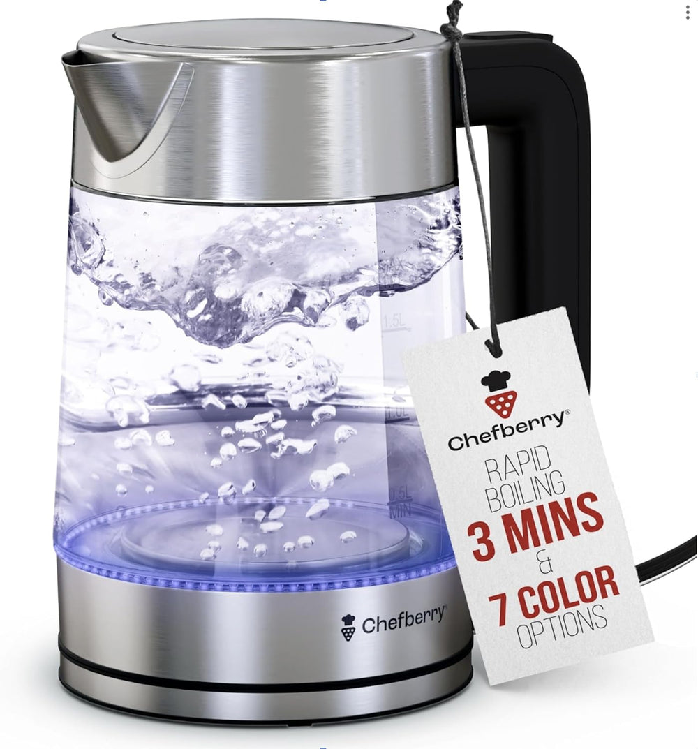 glass electric kettle BPA-free with rapid boiling feature and seven color options.