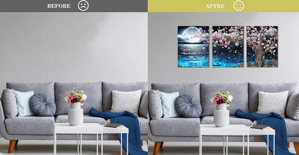 Before and after image showing a 3 piece canvas wall art set featuring a pink tree and moon decor.