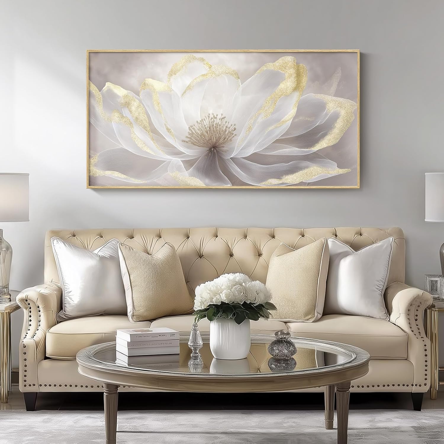 Large Gold Tree of Life Wall Art | 30x60 Framed Canvas Print in elegant living room setting.