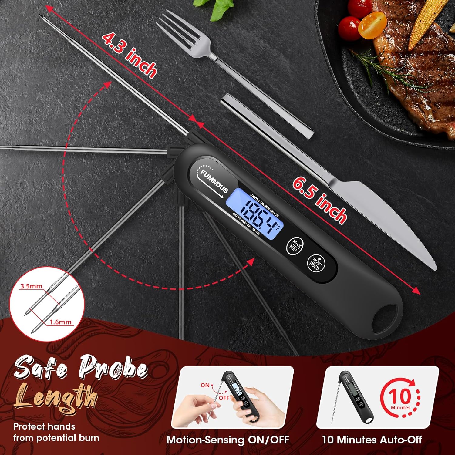 instant read meat thermometer for grilling with safety probe length and LCD display for accurate cooking.