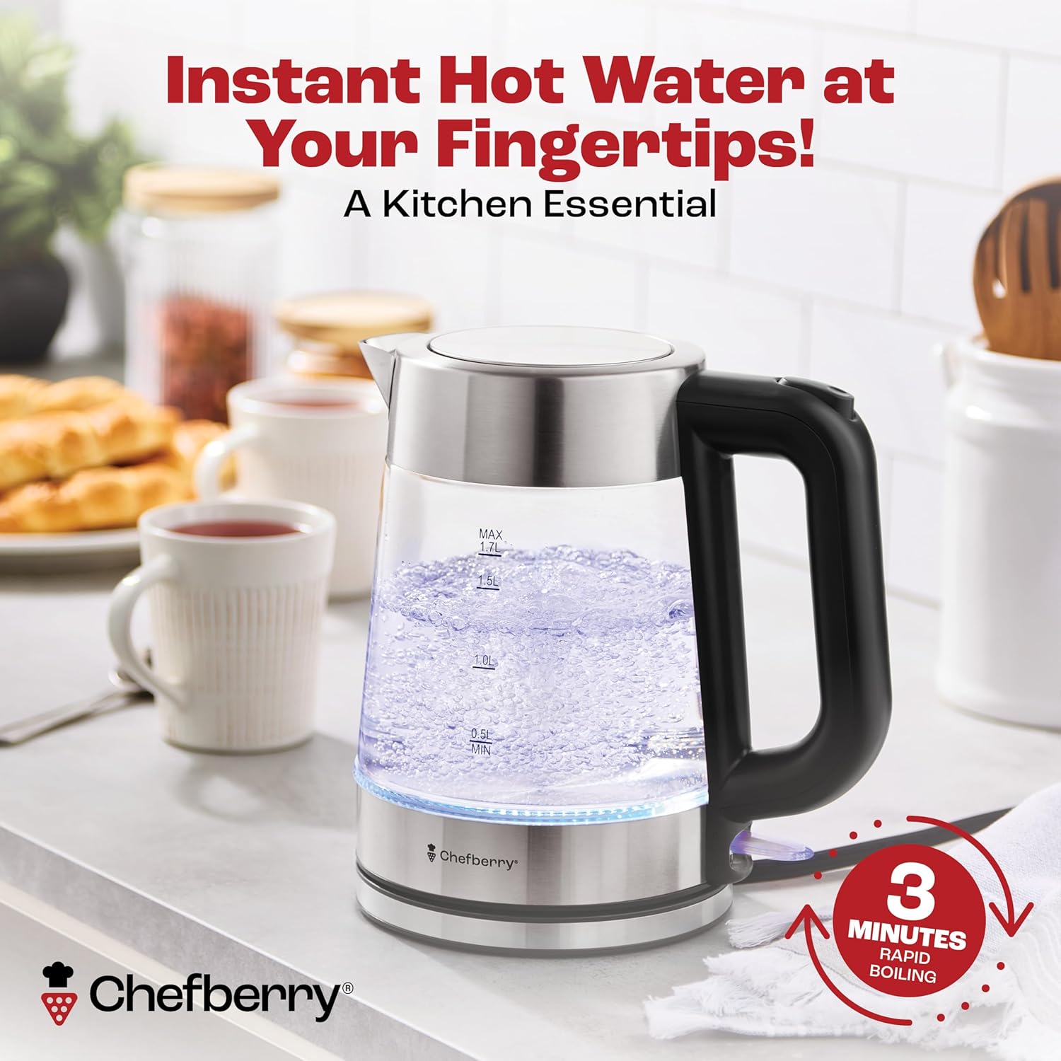 Chefberry glass electric kettle BPA-free with rapid boiling feature for instant hot water in three minutes.