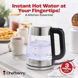 Chefberry glass electric kettle BPA-free with rapid boiling feature for instant hot water in three minutes.