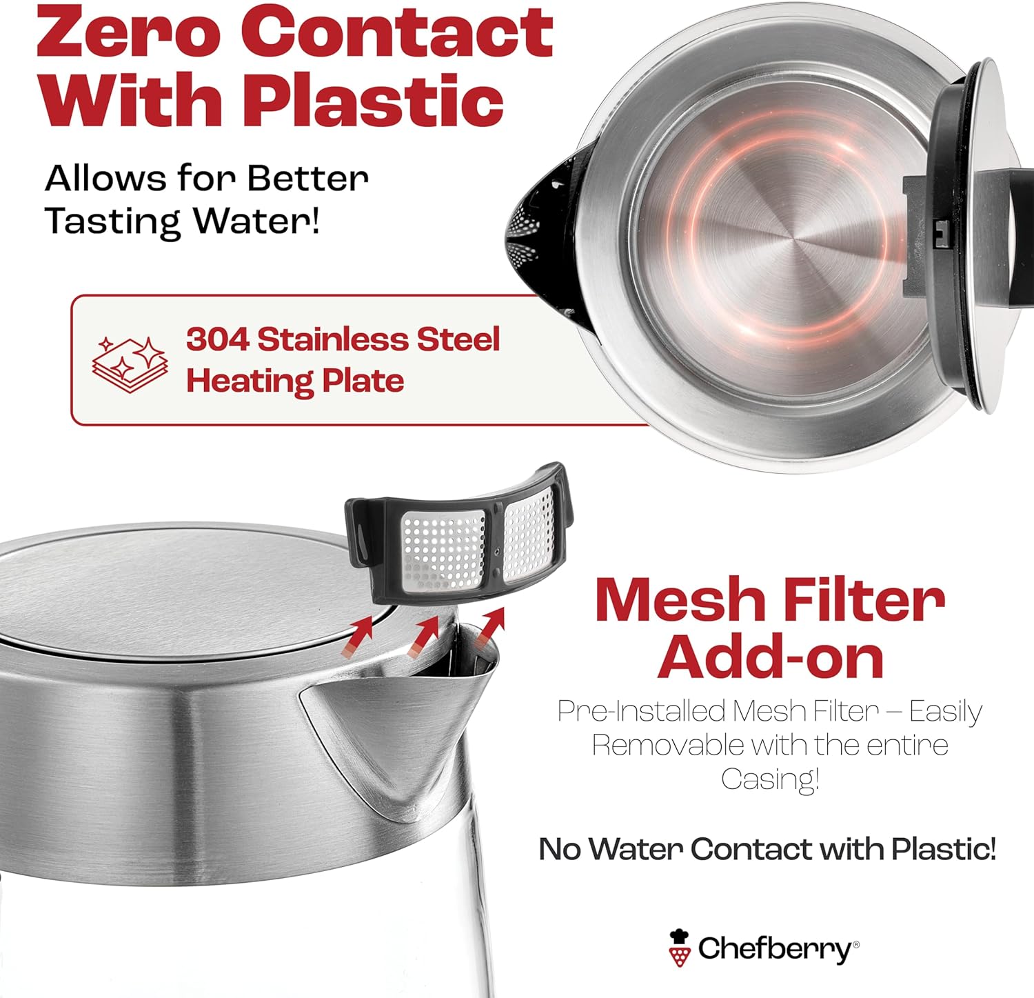 glass electric kettle BPA-free showing zero contact with plastic and 304 stainless steel heating plate