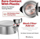 glass electric kettle BPA-free showing zero contact with plastic and 304 stainless steel heating plate