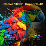 Smart 1080P projector with built-in apps displaying vibrant parrot image highlighting Native 1080P and support for 4K.