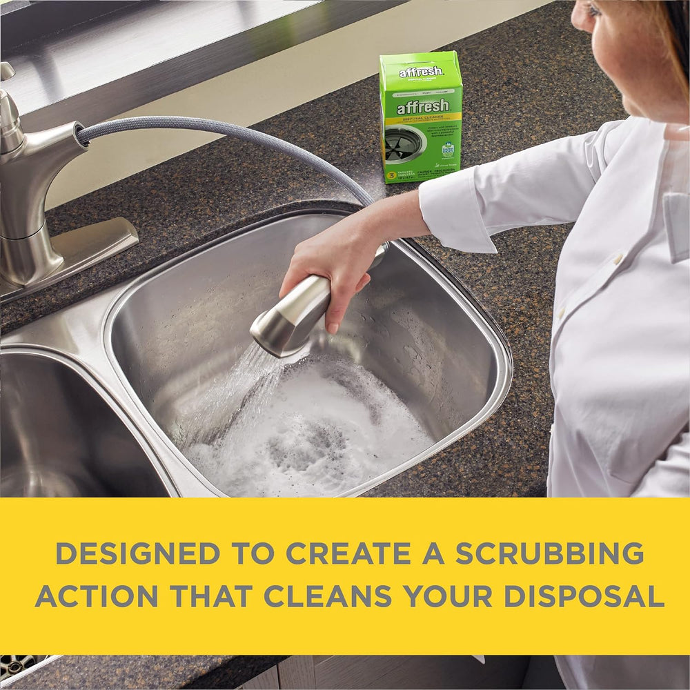 garbage disposal cleaner tablets in use, demonstrating scrubbing action to clean your disposal.