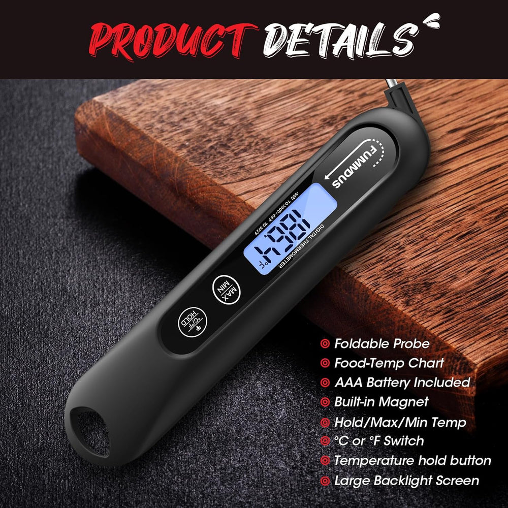 instant read meat thermometer for grilling with foldable probe and large backlight screen