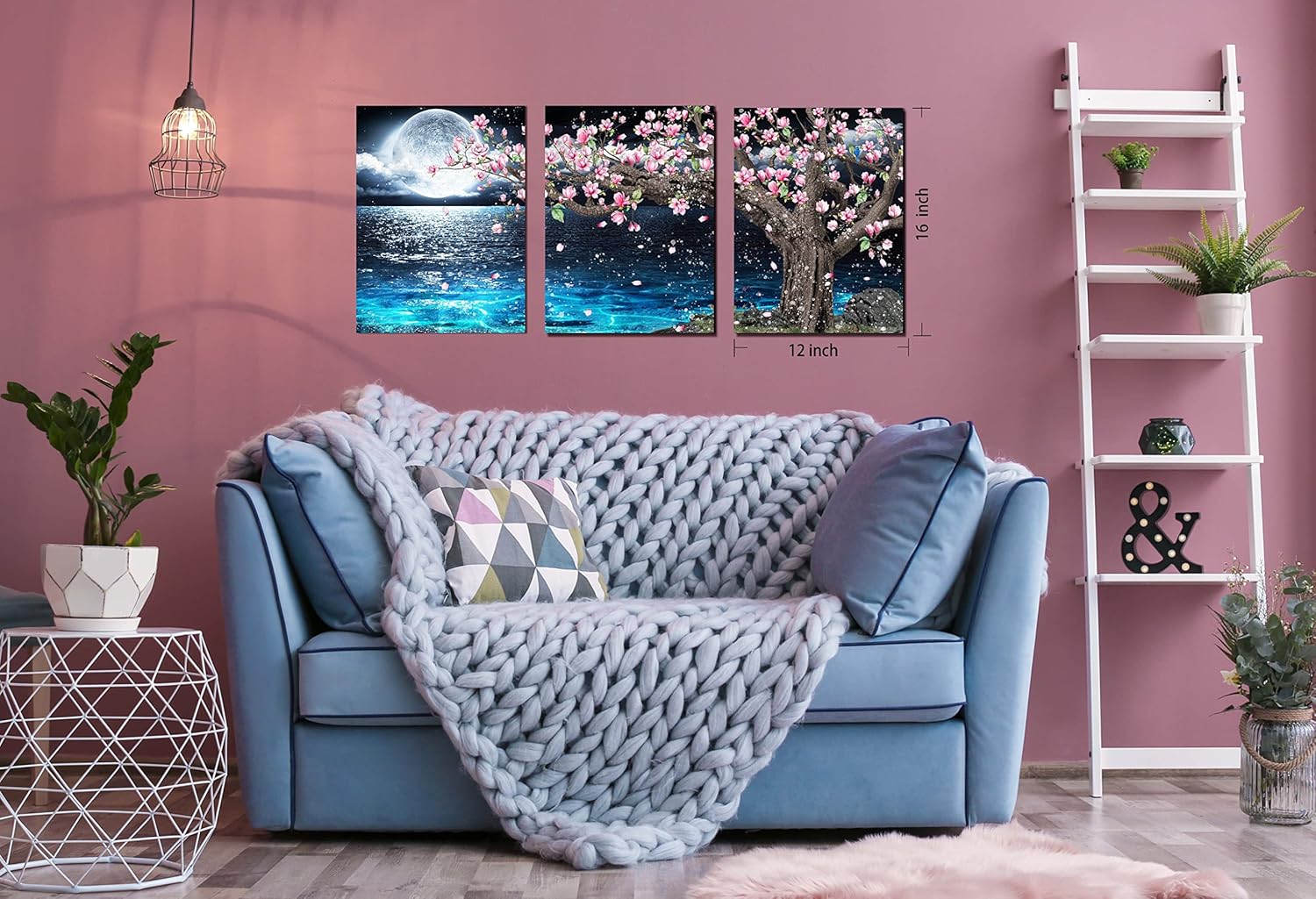 3 piece canvas wall art set featuring pink tree and moon over water, perfect for home decor in living room.