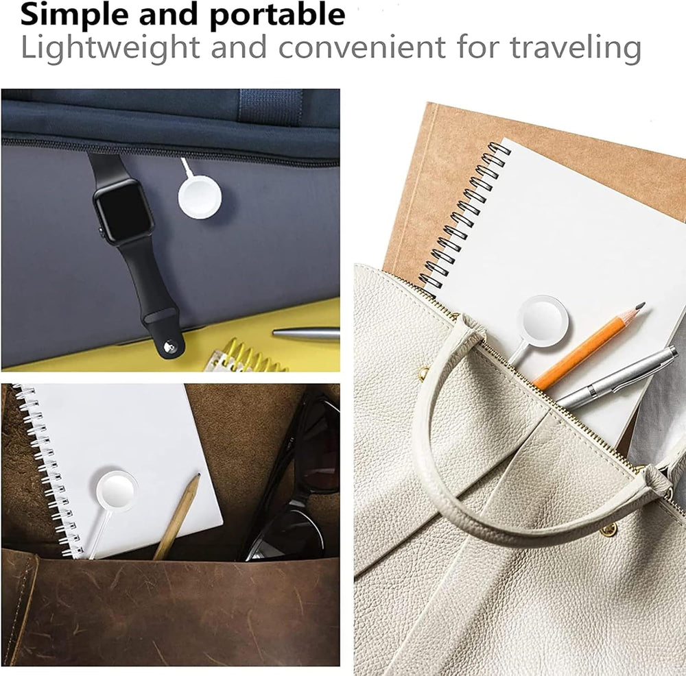 USB-C magnetic fast charger for Apple Watch on a portable travel bag and notebook.