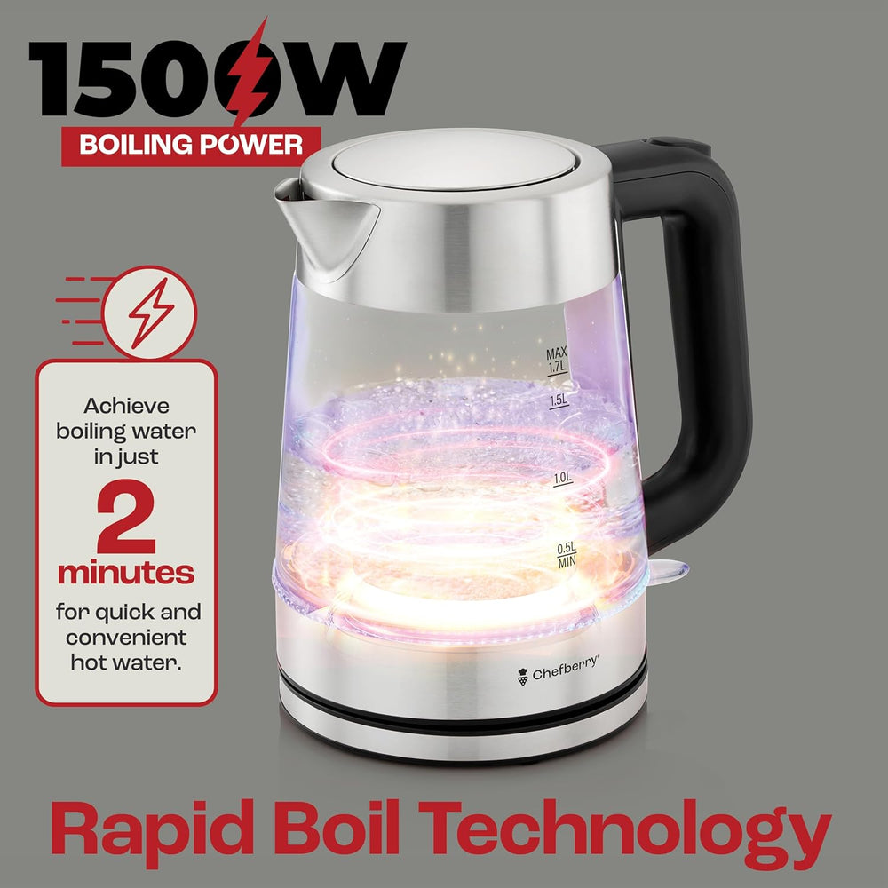 glass electric kettle BPA-free with rapid boil technology and 1500W boiling power for quick hot water.