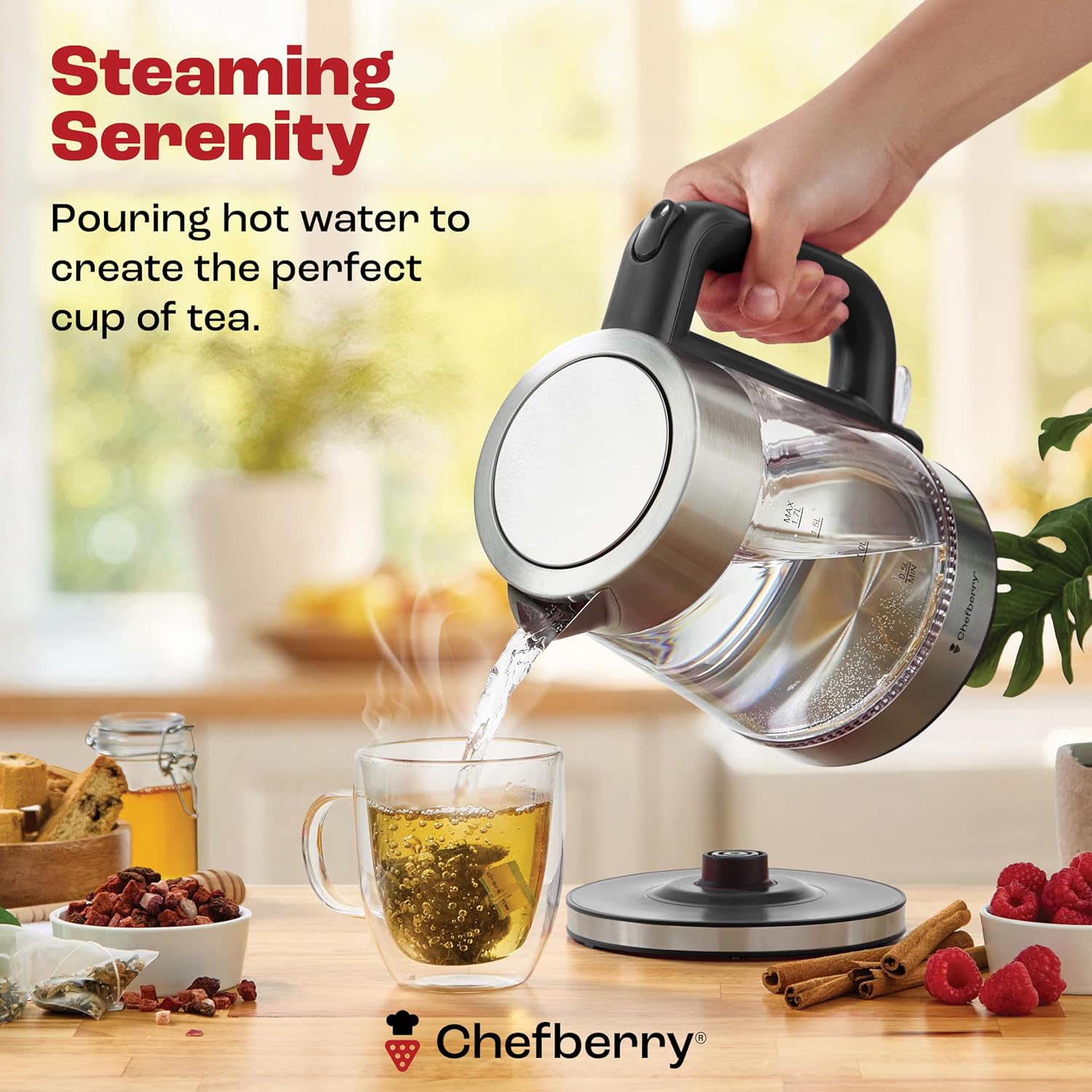 glass electric kettle BPA-free pouring hot water into a cup for the perfect cup of tea