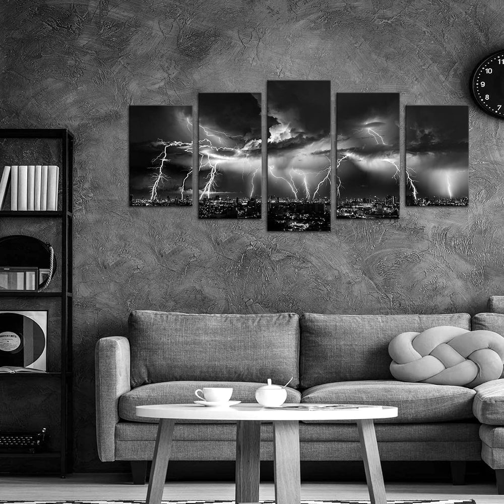 Black and white lightning wall art featuring stormy city night view with dramatic lightning strikes.