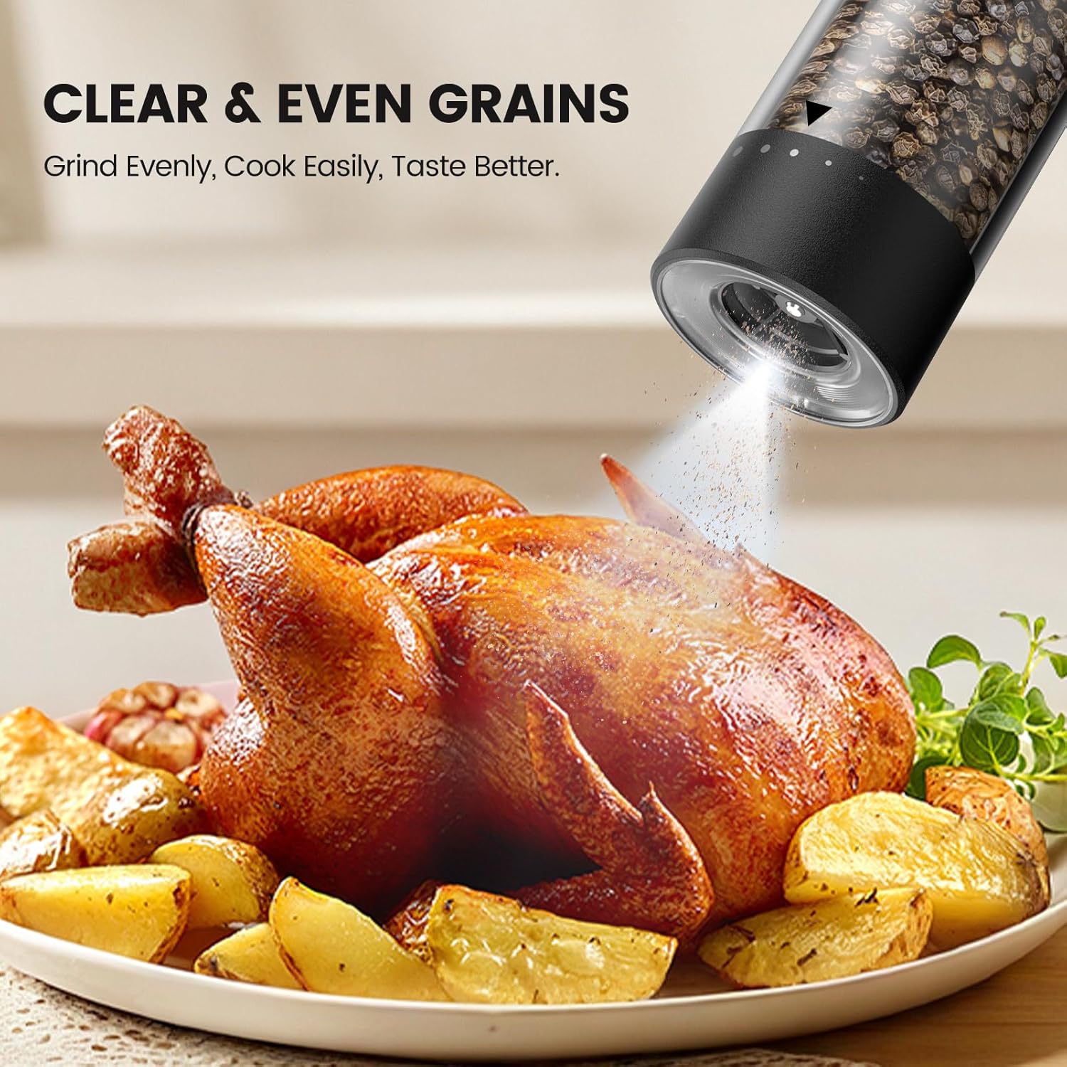 electric salt and pepper grinder set on roasted chicken with vegetables, showcasing clear and even grain grinding.