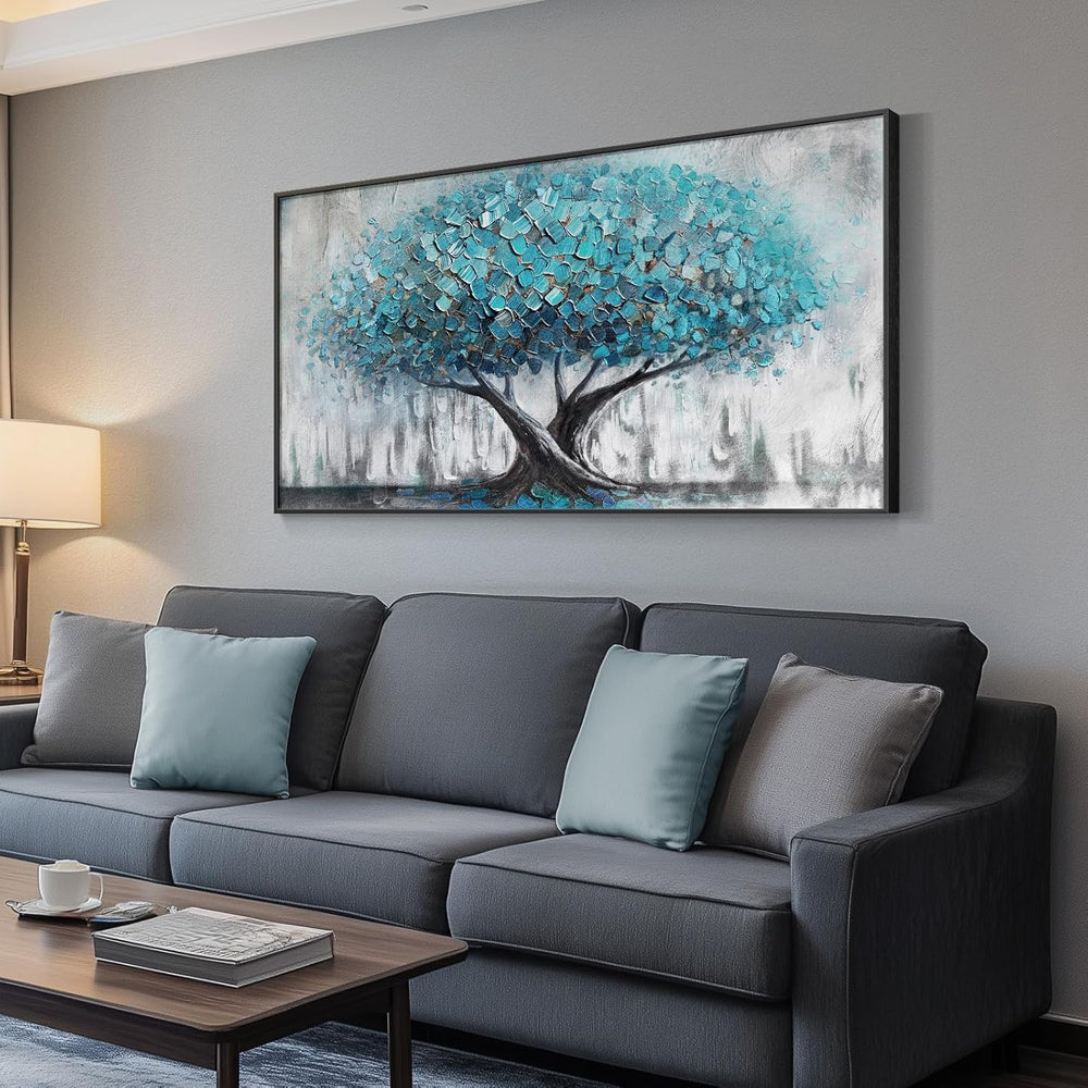 Large Gold Tree of Life Wall Art | 30x60 Framed Canvas Print displayed above a modern sofa.