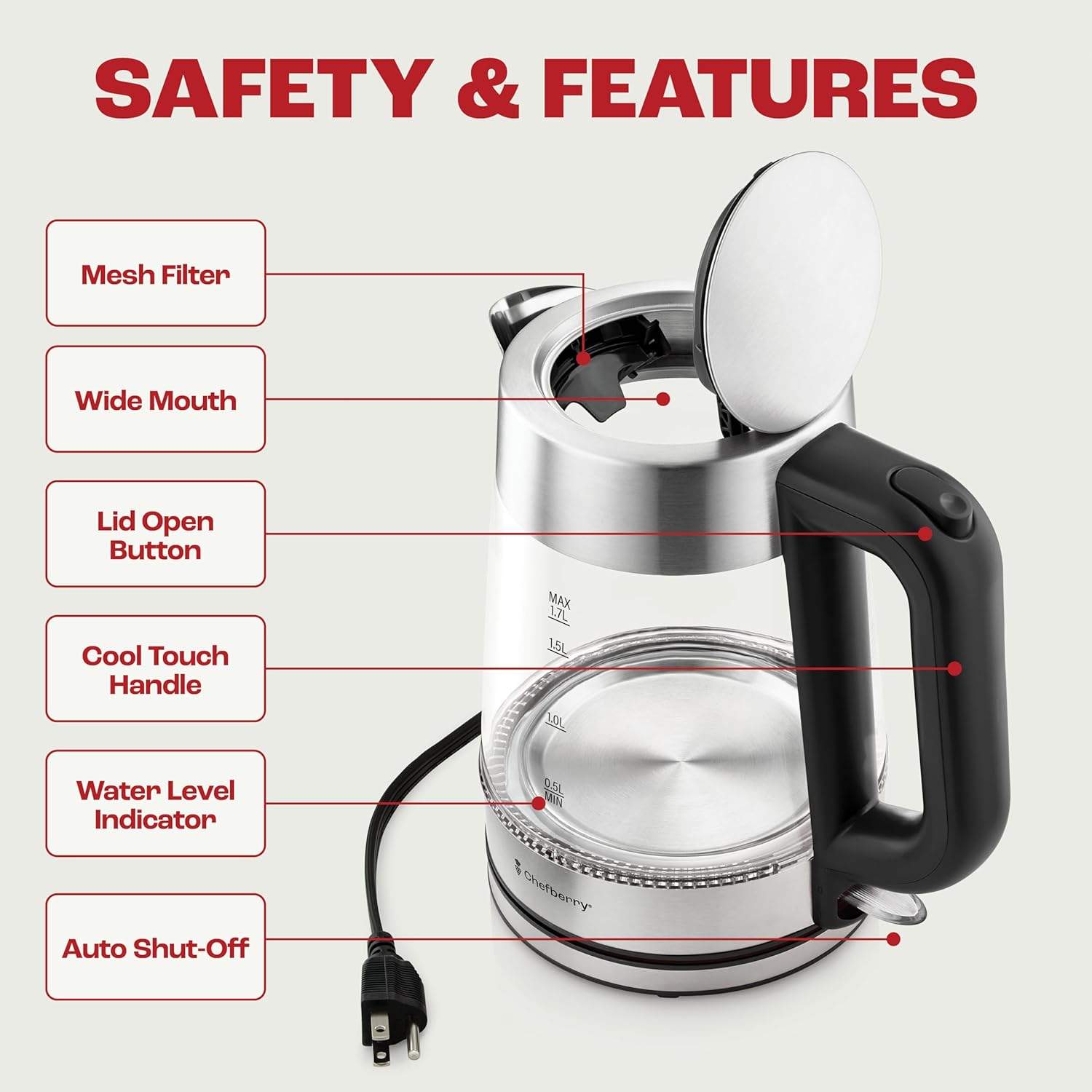 glass electric kettle BPA-free with safety features like lid open button and cool touch handle