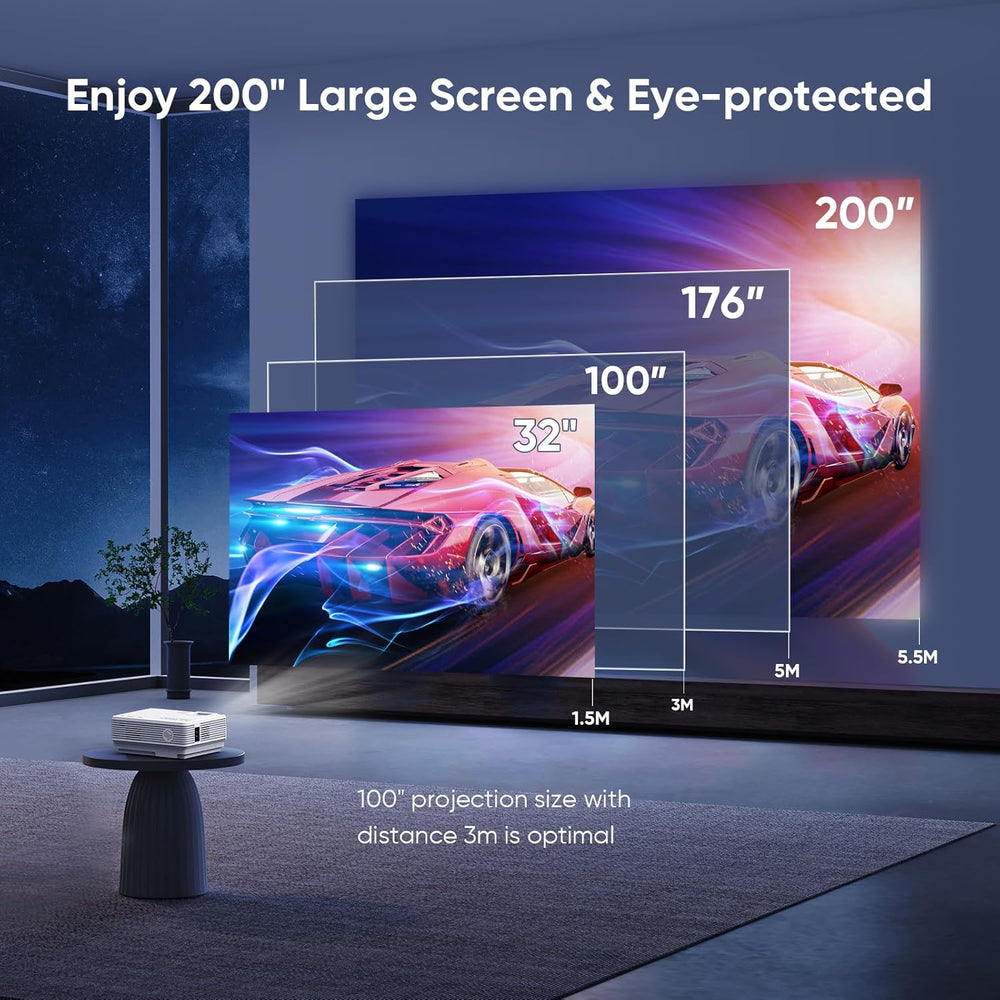 Portable projector with wifi and bluetooth showcasing 200" large screen projection size for optimal viewing.