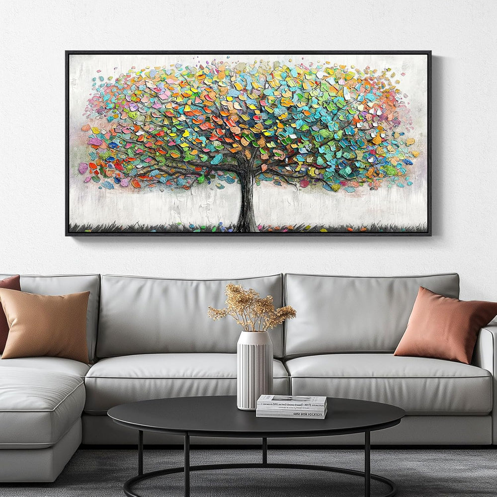 Large Gold Tree of Life Wall Art | 30x60 Framed Canvas Print on a modern living room wall.